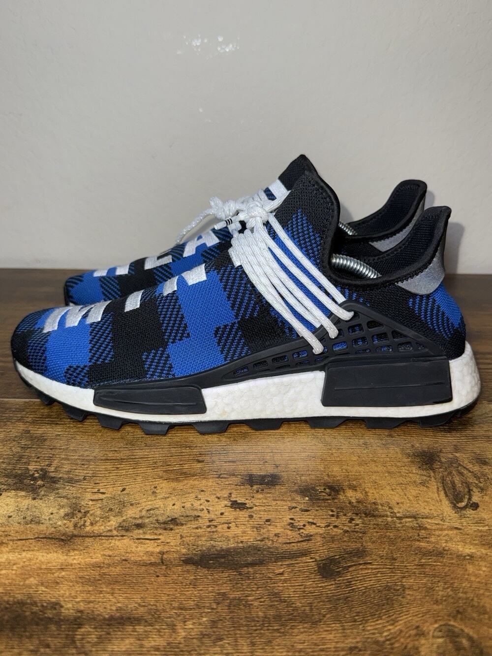 Adidas NMD Hu Pharrell x BBC Blue/Black Plaid Sneakers (EF7387) - Size US 11.5